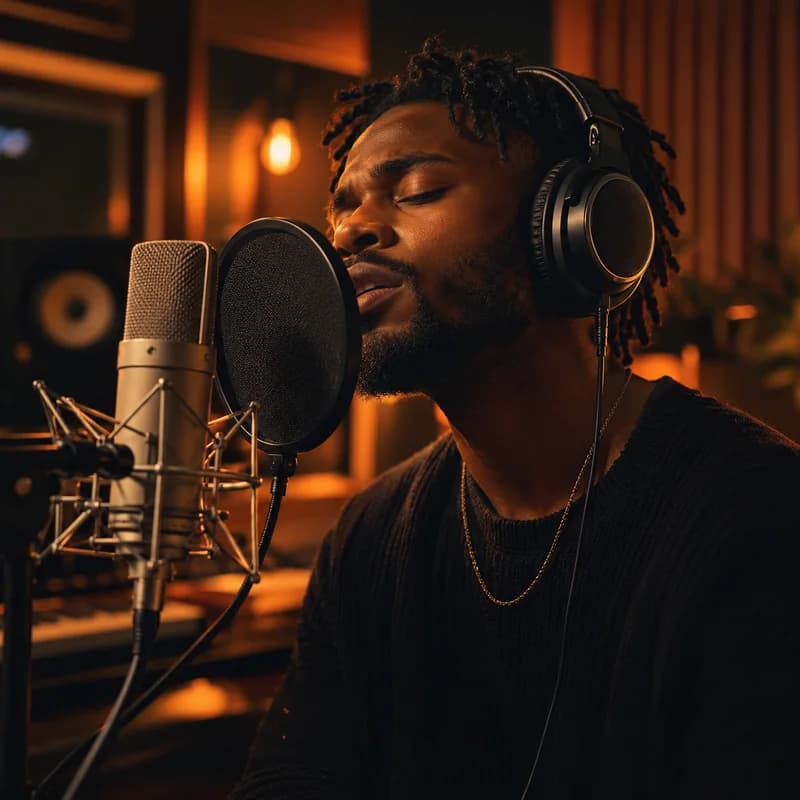 Illustrative artwork of an independent Black artist recording vocals in a warmly lit studio