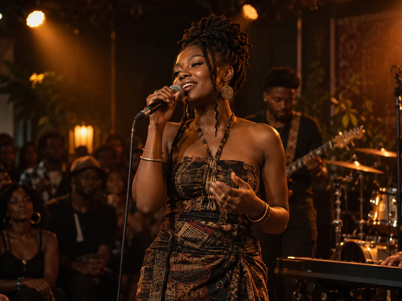 Illustrative photograph of an independent Black vocalist performing with a microphone at an intimate live show