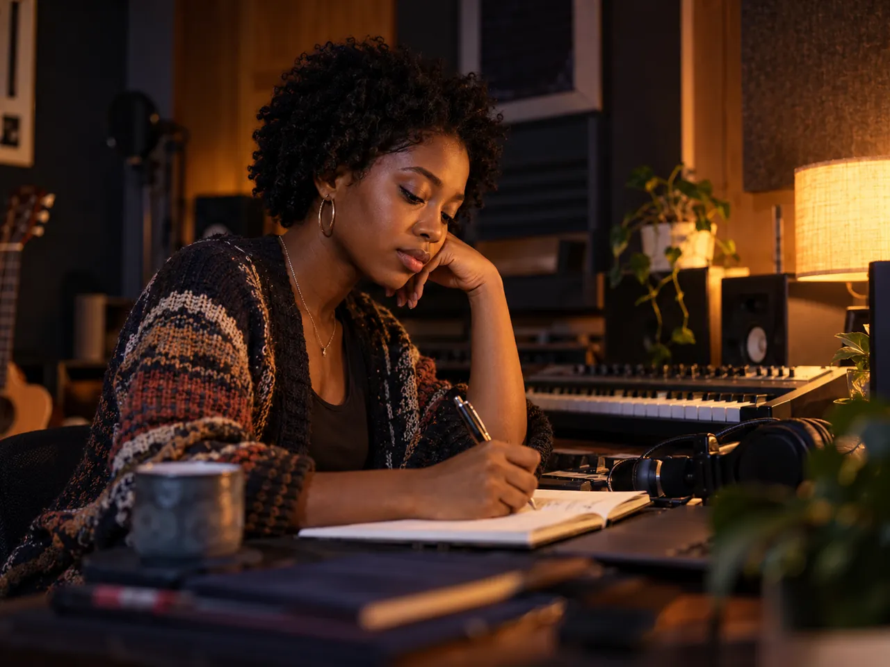 Illustrative photograph of a Black singer-songwriter writing music in a notebook at her studio desk