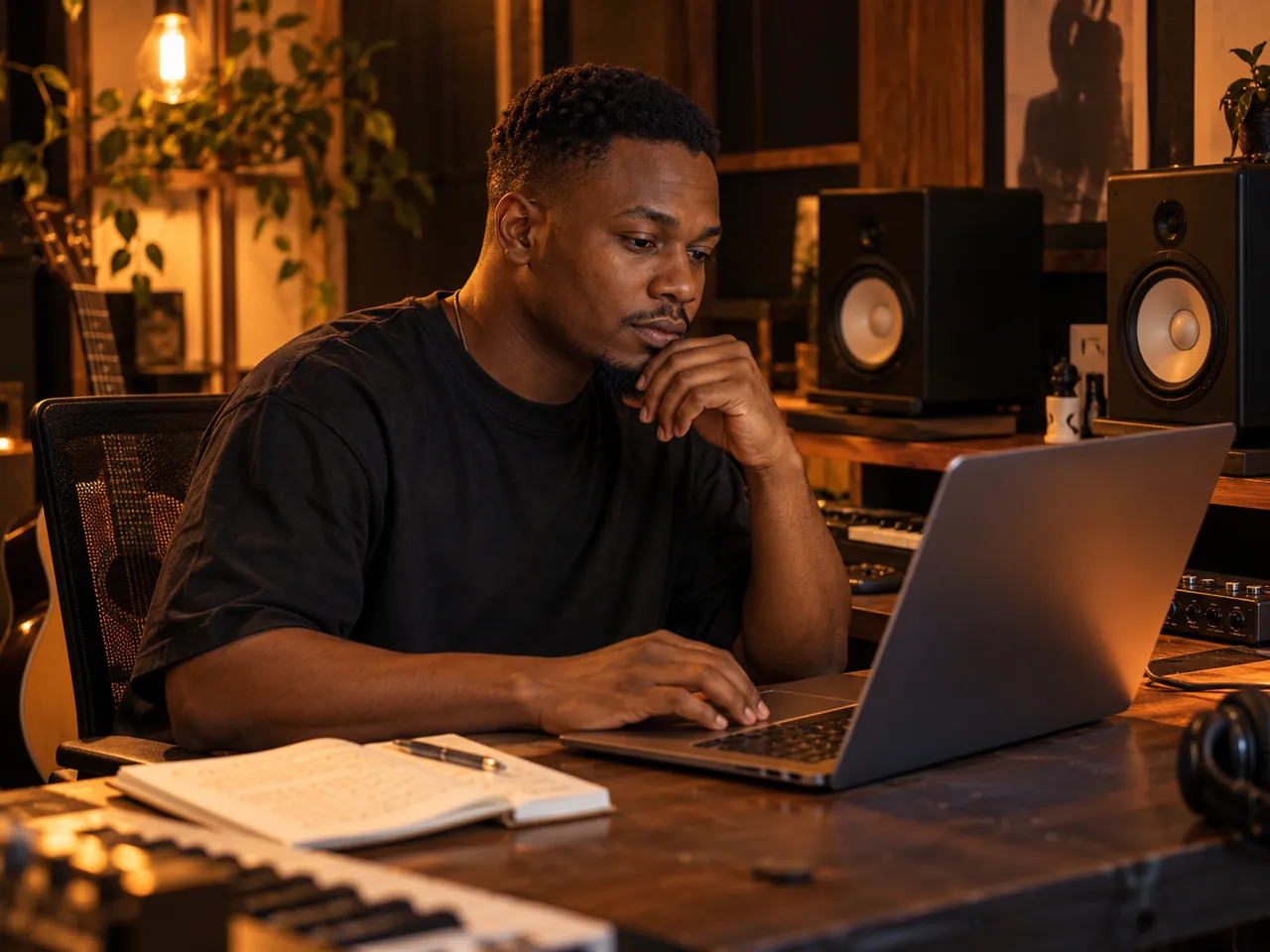 Illustrative photograph of a Black independent artist reviewing his music on a laptop in a recording studio; the screen faces away