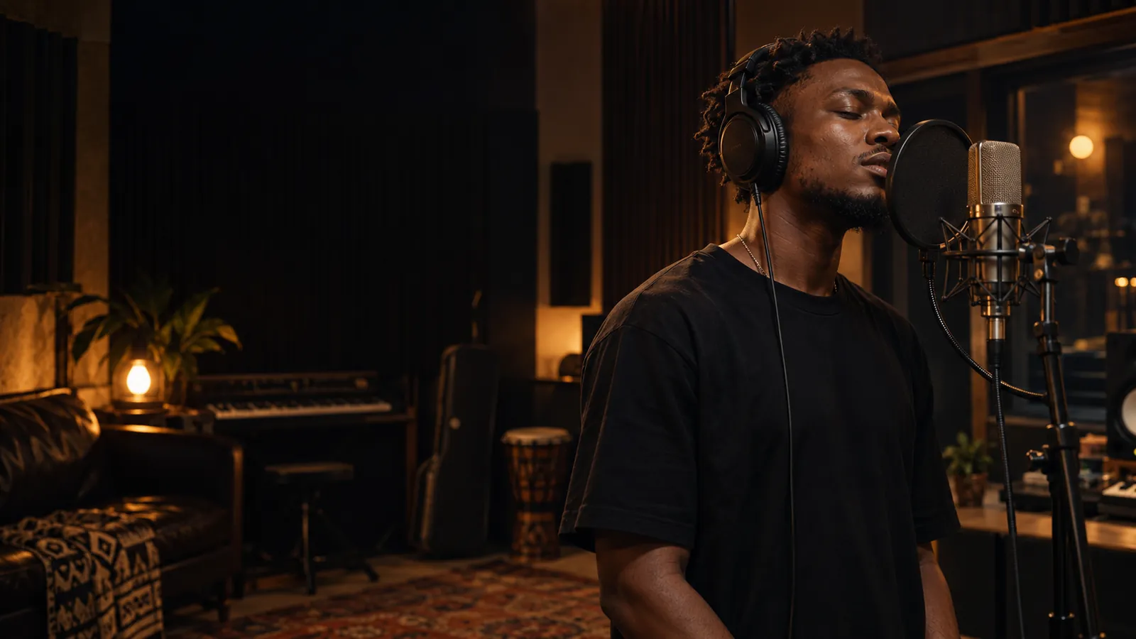 Illustrative photograph of an independent Black artist recording vocals with headphones and a microphone in a warmly lit studio